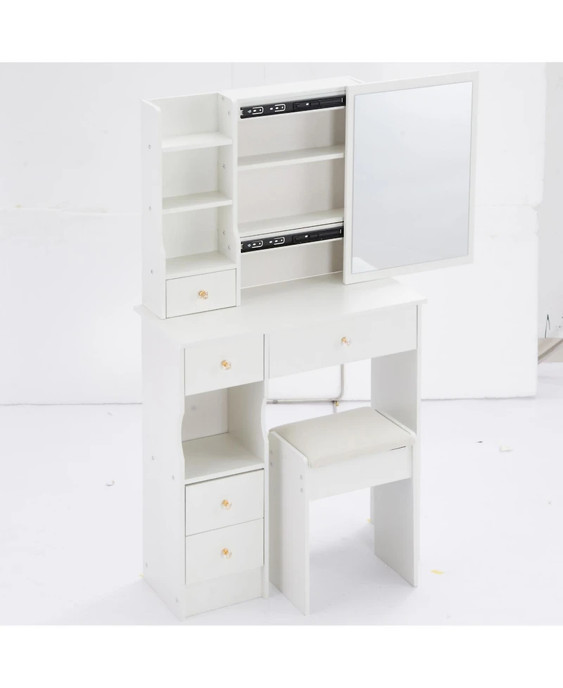 Streamdale Furniture Compact Vanity Table with Large Mirror and Multi-Tier Storage, Stool Included
