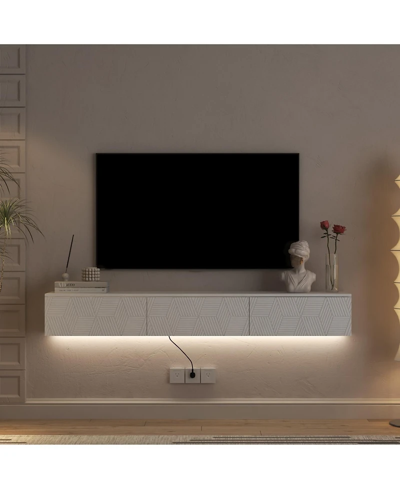 Streamdale Furniture Floating Tv Stand w/ Led, 67" Modern Entertainment Center, White