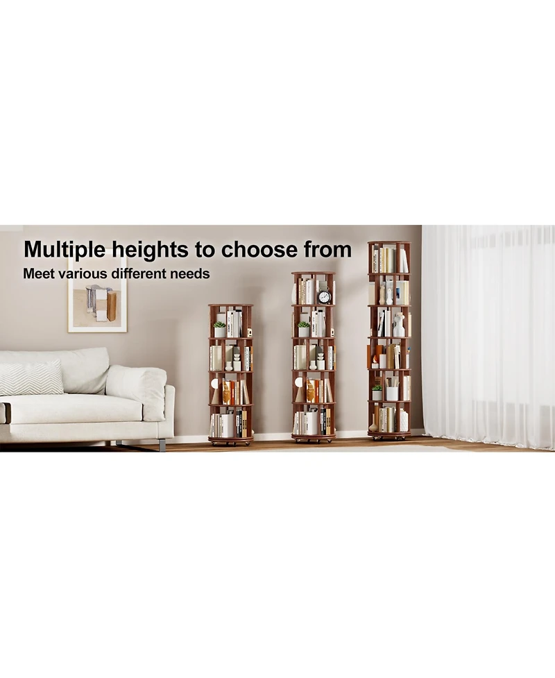 Streamdale Furniture Rotating Wood Bookshelf on Wheels - 5 Tier - Walnut