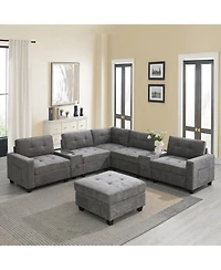 Streamdale Furniture 104" Tufted Sectional Sofa with Acrylic Table, Consoles, Usb Charger, Storage, Ottoman