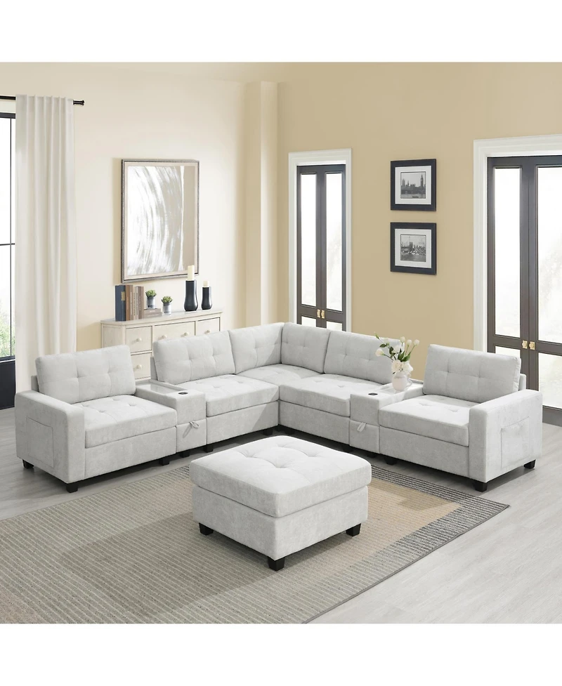 Streamdale Furniture 104" Tufted Sectional Sofa with Acrylic Table, Consoles, Usb Charger, Storage, Ottoman