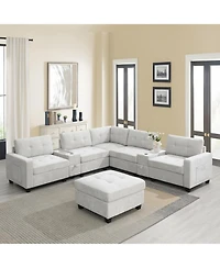 Streamdale Furniture 104" Tufted Sectional Sofa with Acrylic Table, Consoles, Usb Charger, Storage, Ottoman