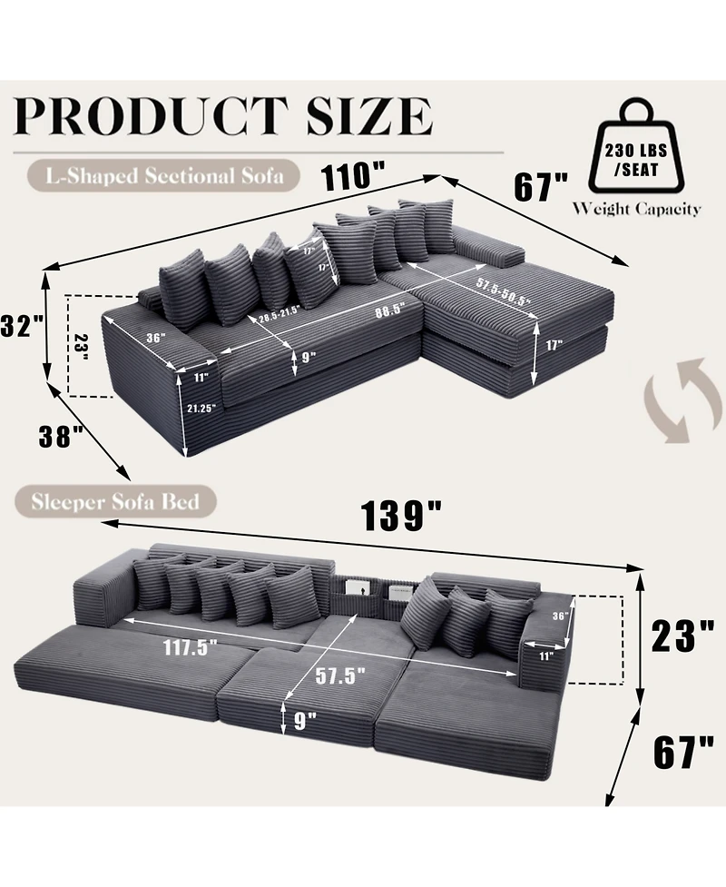 Streamdale Furniture Oversize Cloud Couch, L-Shape Sleeper Sofa, 8 Pillows, Corduroy, Dark Gray (Right Facing