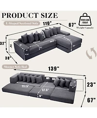 Streamdale Furniture Oversize Cloud Couch, L-Shape Sleeper Sofa, 8 Pillows, Corduroy, Dark Gray (Right Facing