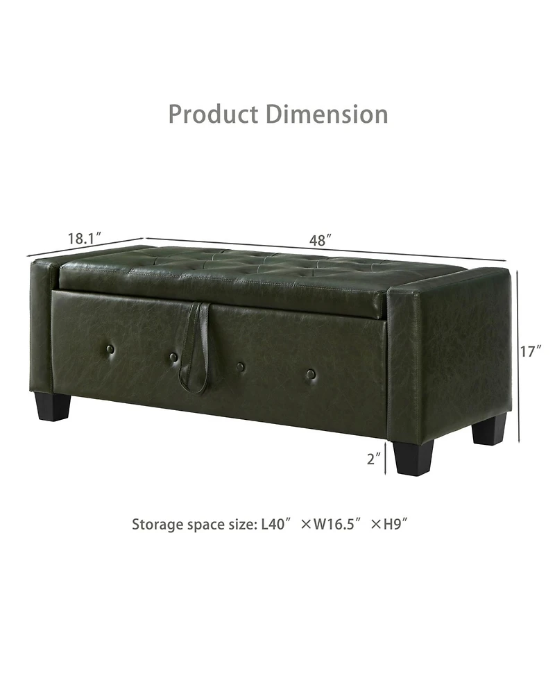 Streamdale Furniture Streamdale 48" Storage Ottoman Bench - Tufted Faux Leather - Dark Green