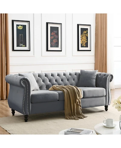 Streamdale Furniture Streamdale 80" Grey Velvet Chesterfield Sofa, Tufted 3 Seater Couch