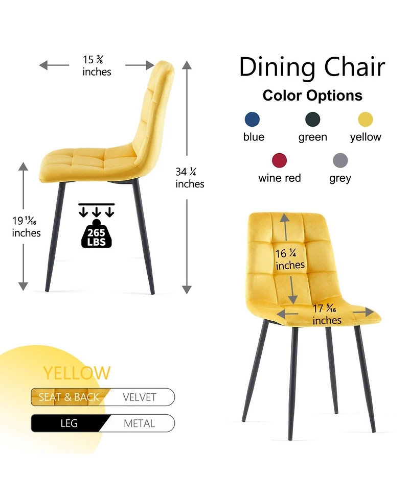 Streamdale Furniture Mid Century Modern Yellow Velvet Dining Chairs Set Of 2 For Kitchen, Living Room