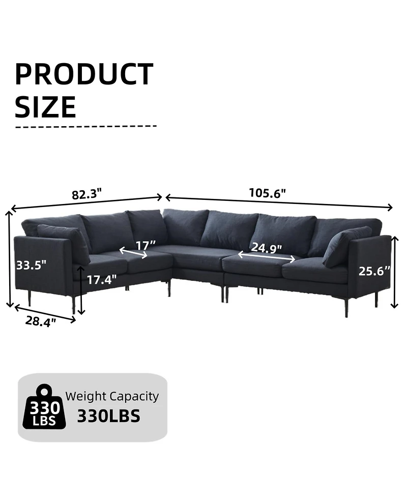 Streamdale Furniture 106" Sectional Sofa Couch Set, L-Shaped, 6-Seat, Linen with Metal Legs