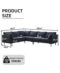 Streamdale Furniture 106" Sectional Sofa Couch Set, L-Shaped, 6-Seat, Linen with Metal Legs