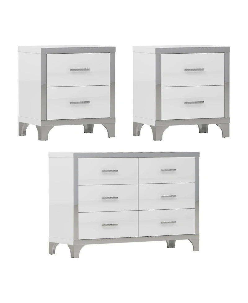 Streamdale Furniture 3-Pieces Sets,Dresser and Two Nightstands with Metal Handles and Mirror Decoration, Elegant and
