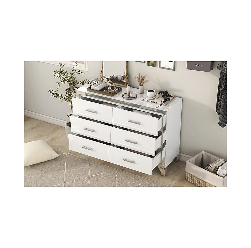 Streamdale Furniture Elegant High Gloss Dresser with Metal Handle, Mirrored Storage Cabinet 6 Drawers