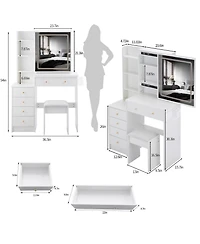 Streamdale Furniture 37" Bedside Vanity Table Set with - Cushioned Stool - Ac/Usb Sockets - Hair Dryer Stand - Touch Control Led Mirror