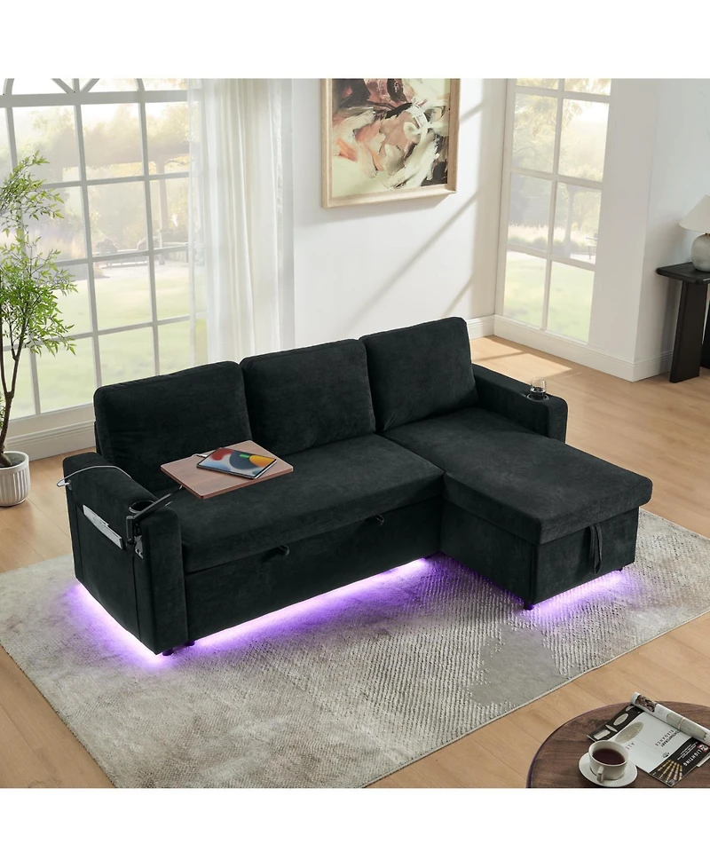 Streamdale Furniture Streamdale Chenille Pull-Out Sofa Bed w/ Table, Led, Usb & Cup Holders
