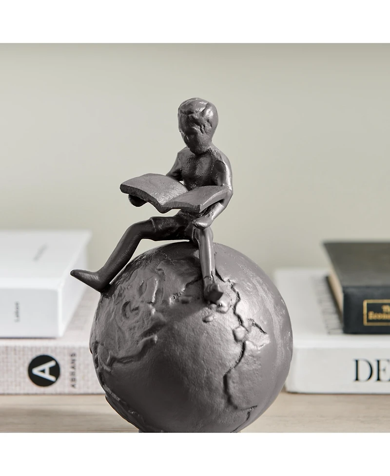 Danya B Brown Cast Iron Boy Reading on Globe Sculpture