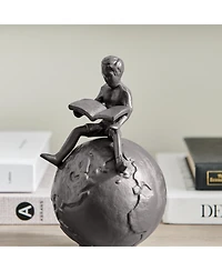 Danya B Brown Cast Iron Boy Reading on Globe Sculpture