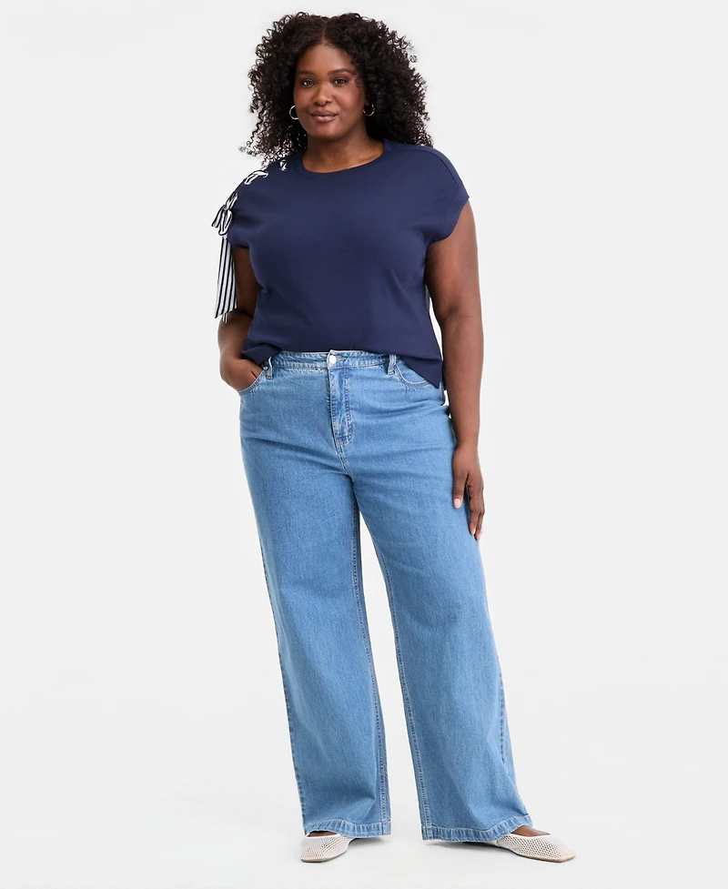 On 34th Trendy Plus Ribbon-Trim Crewneck Cotton Top, Macy's Exclusive