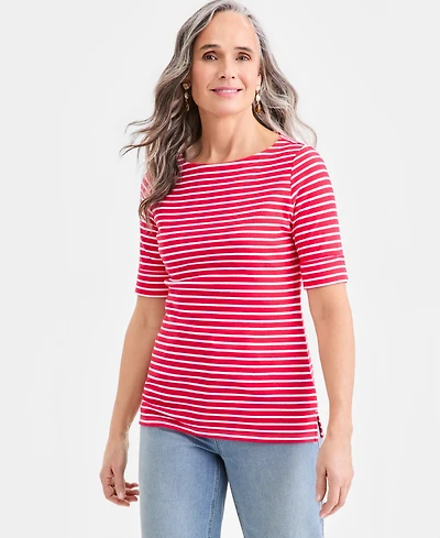 Style & Co Women's Printed Boat-Neck Elbow-Sleeve Top