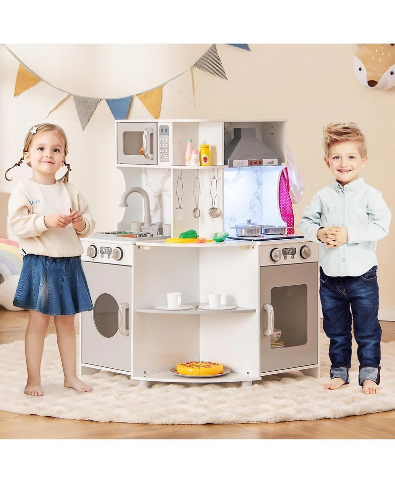 Gymax Corner Wooden Play Kitchen Kids Kitchen Playset w/ Microwave Range Hood Gift