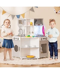 Gymax Corner Wooden Play Kitchen Kids Kitchen Playset w/ Microwave Range Hood Gift