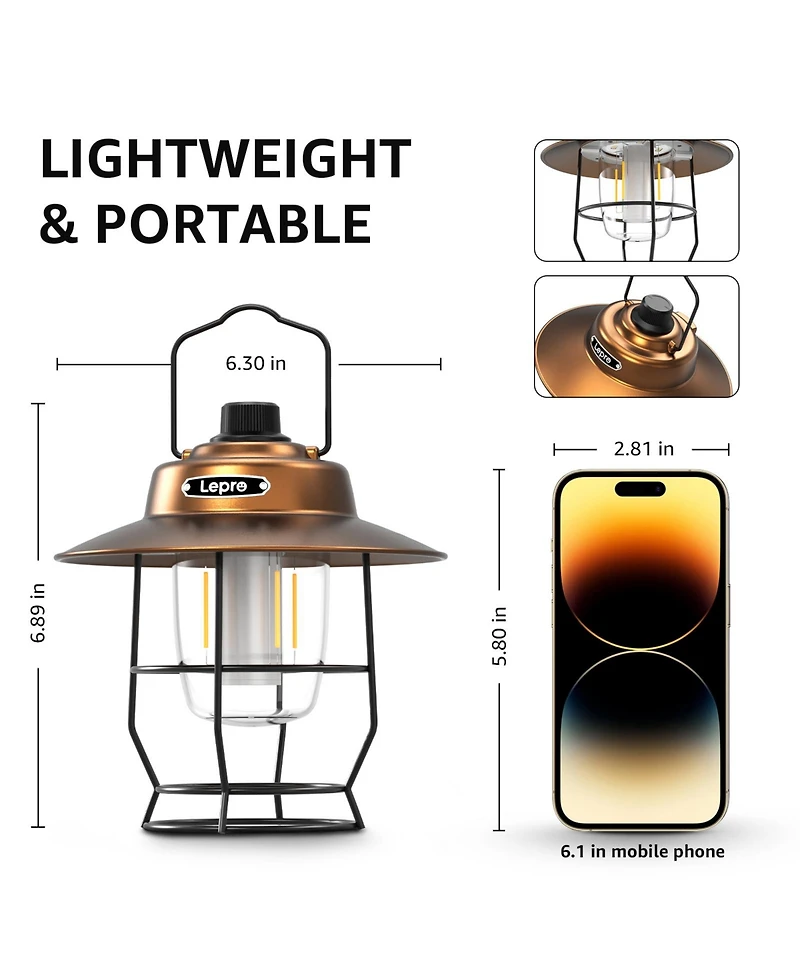 Lepro Vintage Led Rechargeable Metal Camping Lantern, Dimmable 3 Lighting Modes, Up to 450LM