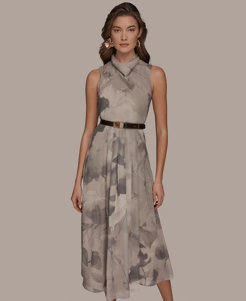 Donna Karan New York Women's Sleeveless Cowl Neck Floral Print Belted A-Line Midi Dress