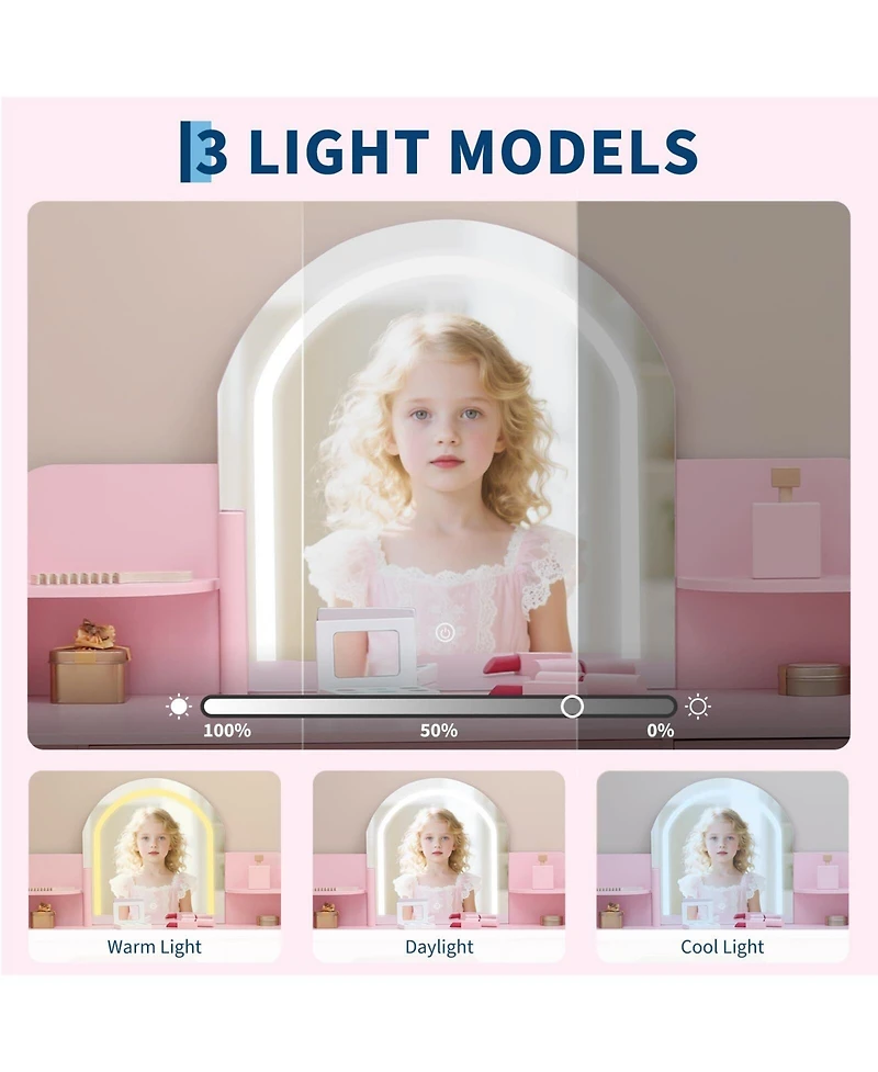 gaomon Kids Vanity with Lighted Mirror & Stool, Little Girls Adjustable Led Light, Bookshelf