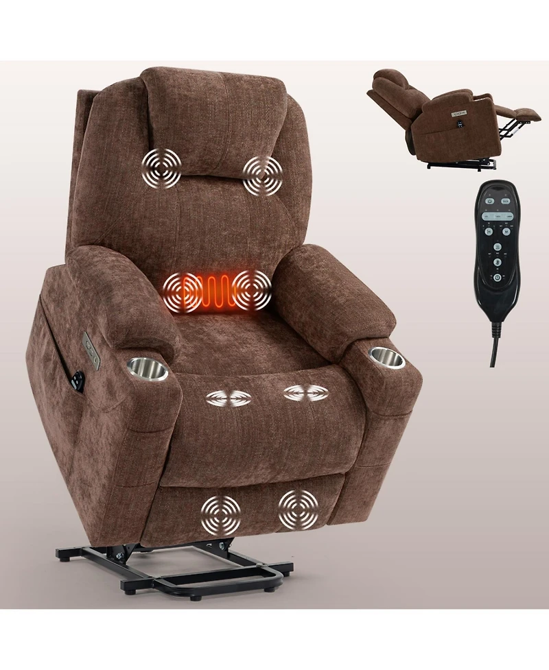Streamdale Furniture Chenille Power Lift Recliner Massage & Heat Usb Cup Holders