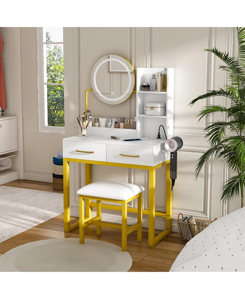 Streamdale Furniture Makeup Vanity with Led Lights, Power Outlet, Drawers & Chair (White