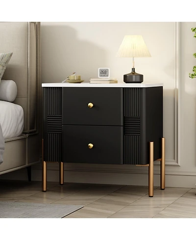 Streamdale Furniture Modern Black Nightstand with Fluted Drawers & Gold Accents