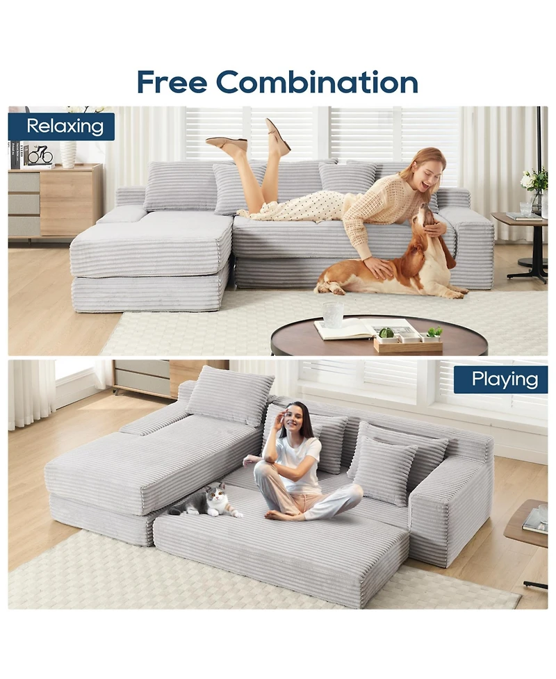 Streamdale Furniture L-Shaped Corduroy Sectional Sofa Bed - Light Gray