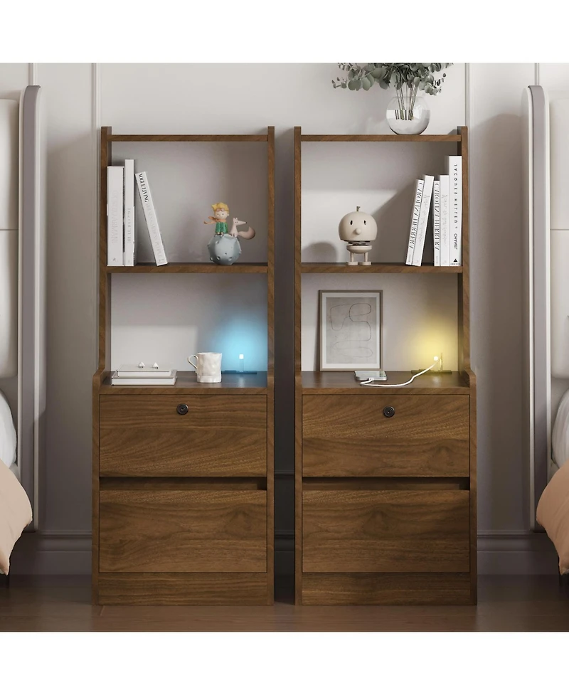 Streamdale Nightstands Set of 2, Charging, Night Light, Bookshelf, Storage, Wood