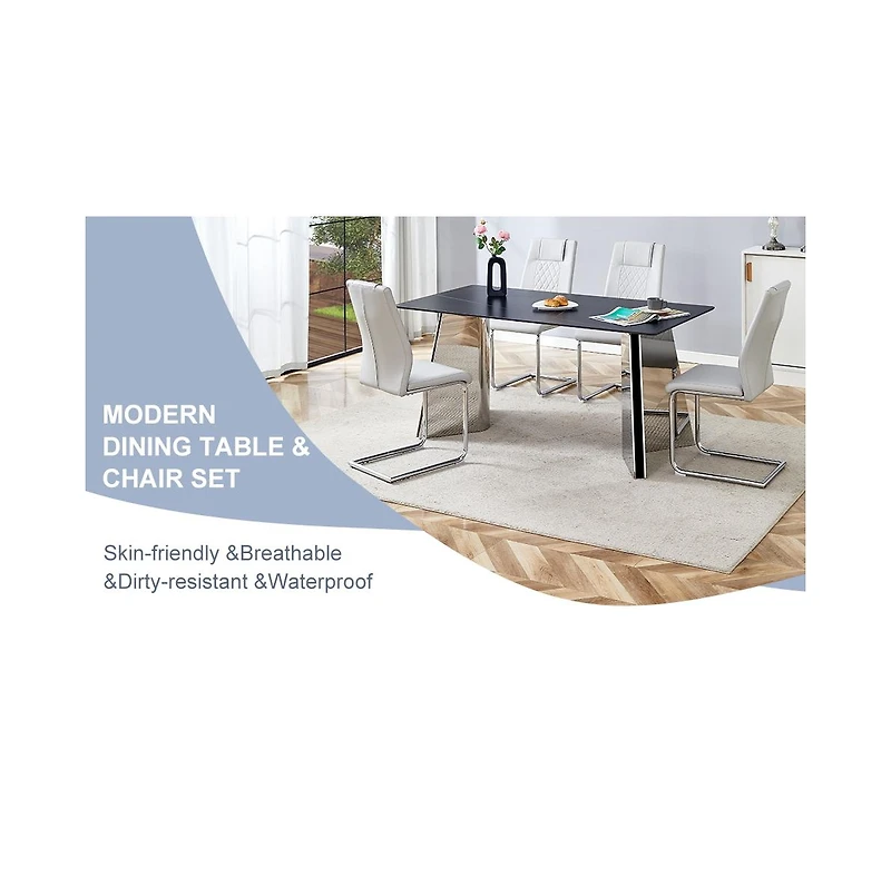 Streamdale Furniture Marble-Patterned Dining Table & Gray Pu Chairs (63"x31.5"x30)