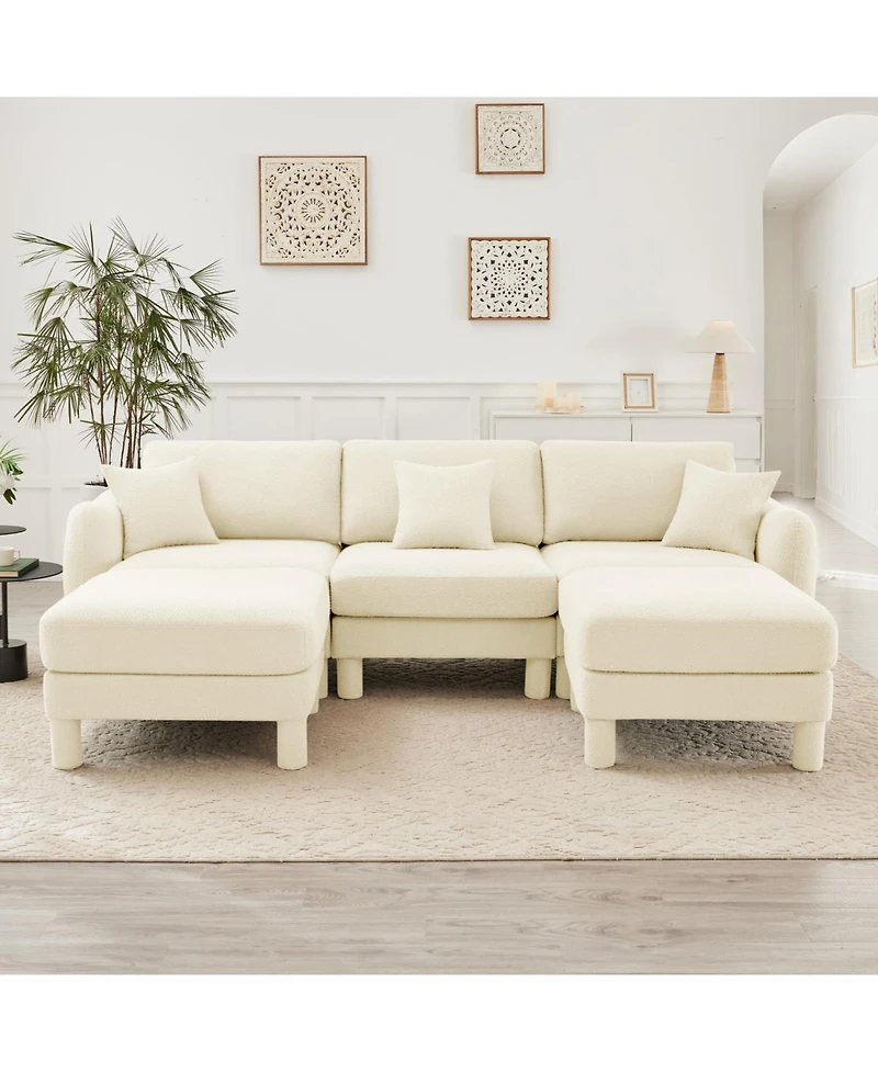 Streamdale Furniture Boucle U-Shape Sectional Sofa with Ottomans & Shell Armrests, Beige