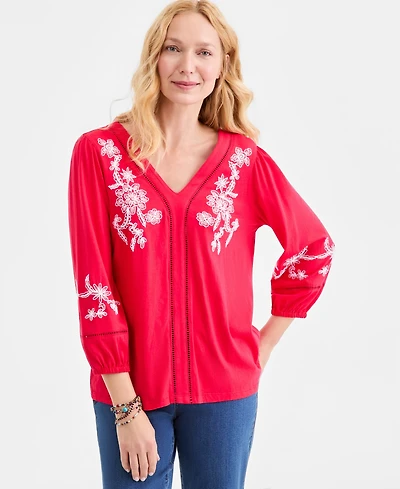 Style & Co Women's Embroidered V-Neck 3/4-Sleeve Top, Macy's Exclusive