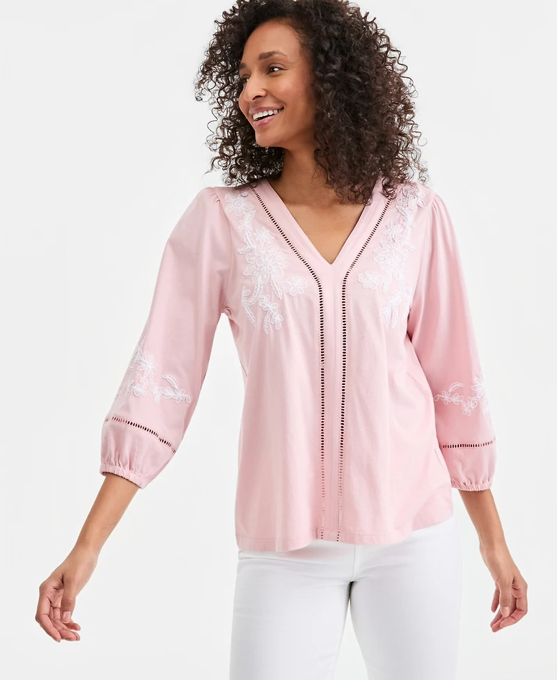 Style & Co Women's Embroidered V-Neck 3/4-Sleeve Top, Macy's Exclusive