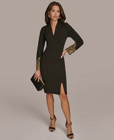 Donna Karan New York Women's Long Sleeve V-neck Hot Fix Sheath Midi Dress