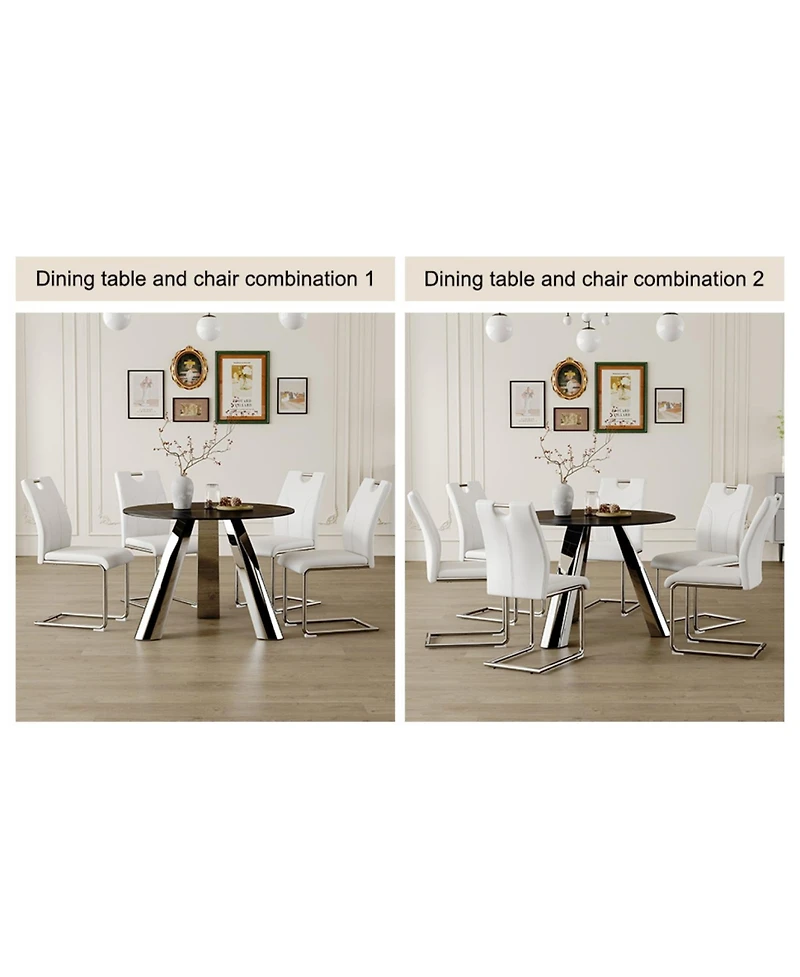 Streamdale Furniture 42" Round Sintered Stone Table & 6 White/Silver Chairs