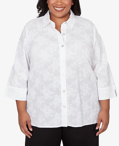 Alfred Dunner Plus Classic Collared Flower Embroidered Top