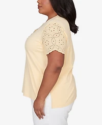 Alfred Dunner Plus Classic Solid Eyelet Sleeve T-Shirt with Necklace
