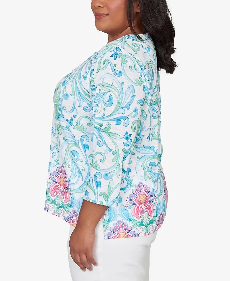 Alfred Dunner Plus Classic Scroll Border Embellished Neck Top