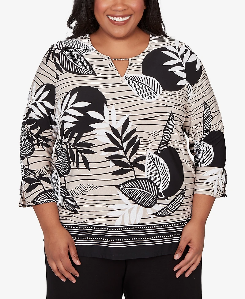 Alfred Dunner Plus Classic Tropical Leaf Border Print Split Neck Top