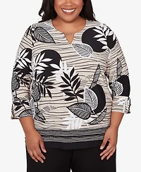 Alfred Dunner Plus Classic Tropical Leaf Border Print Split Neck Top