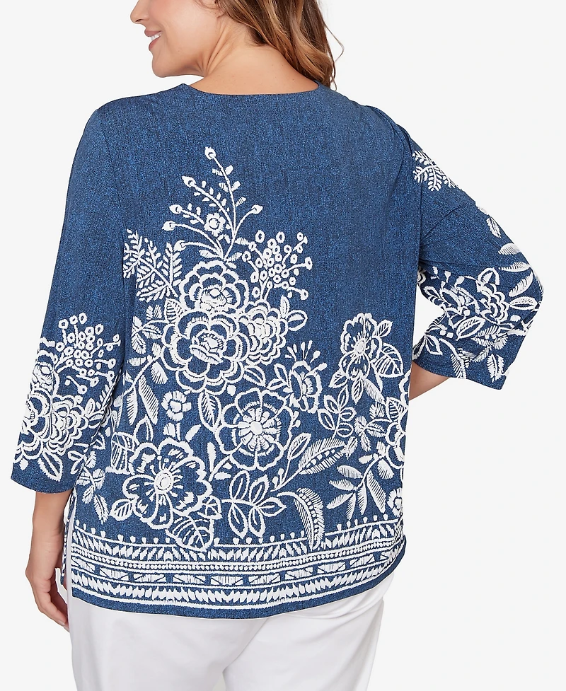 Alfred Dunner Plus Classic Floral Border Embroidered Split Neck Top
