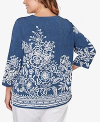 Alfred Dunner Plus Classic Floral Border Embroidered Split Neck Top