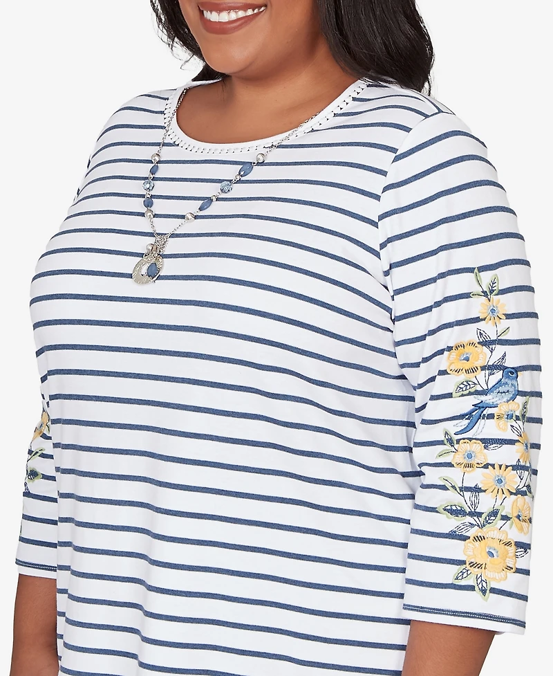 Alfred Dunner Plus Classic Floral Embroidered Stripe Top with Necklace