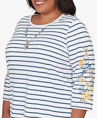 Alfred Dunner Plus Classic Floral Embroidered Stripe Top with Necklace