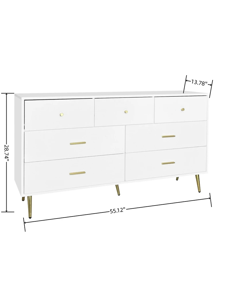 Streamdale Furniture Seven Drawers Large Chest Of Drawer Cabinet With Golden Handle And Golden Legs White Color