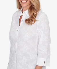Alfred Dunner Women's Classic Collared Flower Embroidered Button Down Top