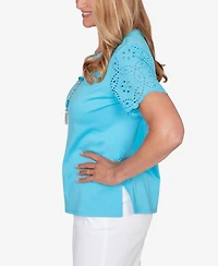 Alfred Dunner Women's Classic Solid Eyelet Sleeve T-Shirt with Necklace
