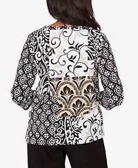 Alfred Dunner Women's Classic Geometric Scroll Patchwork Split Neck Top